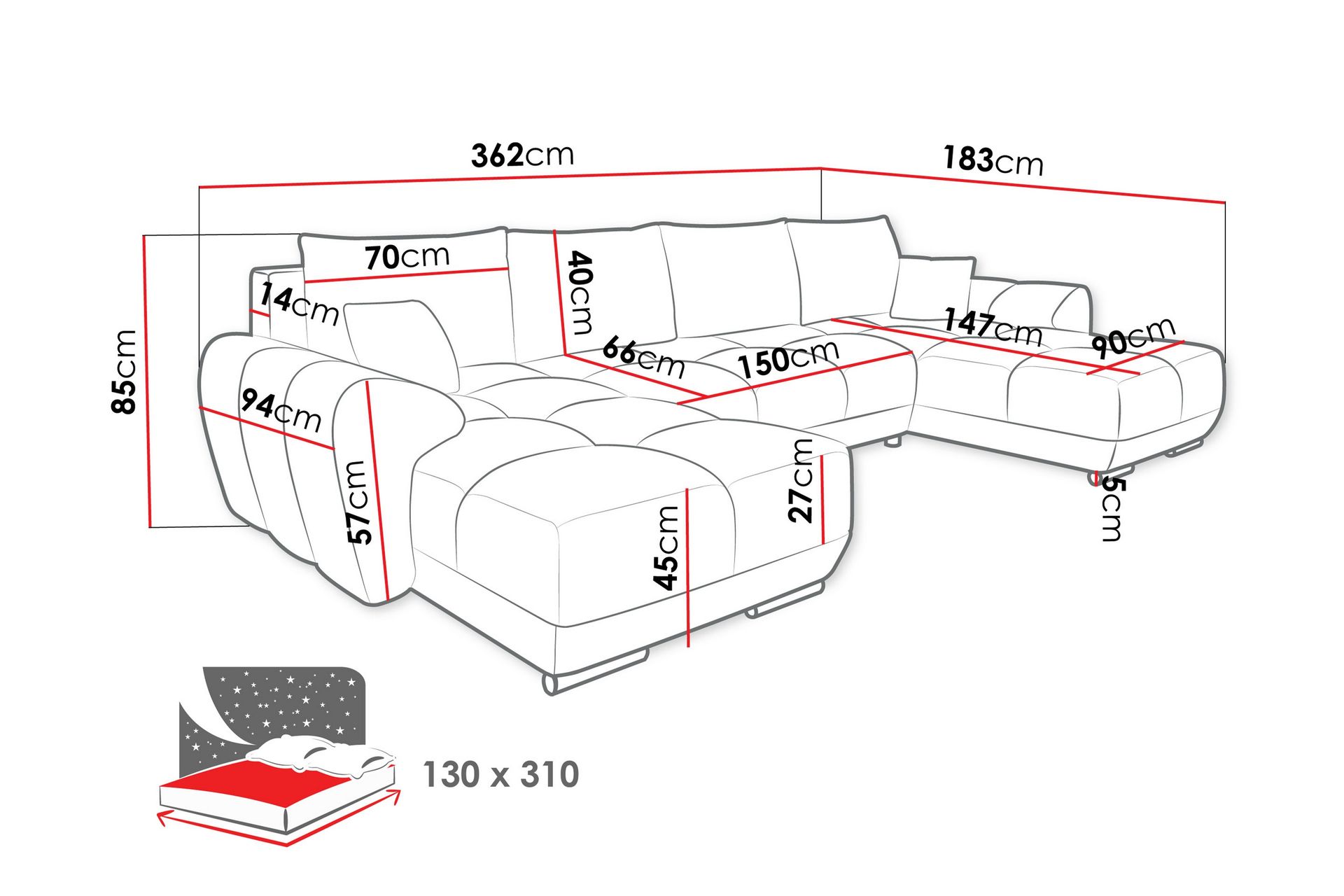 Simerly Bäddsoffa Dubbeldivan 4-sits - Grå - Möbler - Vardagsrum - Bäddsoffor - U bäddsoffa