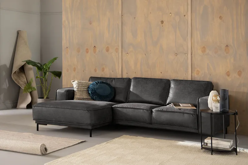 Akron 2-sits Soffa med Divan Vänster Bondedläder - Mörkgrå - Möbler - Vardagsrum - Soffor - Skinnsoffor