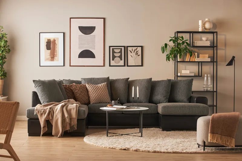 Ocean 4-sits Vänstervänd U-formad Soffa med Divan och Schäslong i Konstläder/Tyg - Grå / Svart - Möbler - Vardagsrum - Soffor - Skinnsoffor