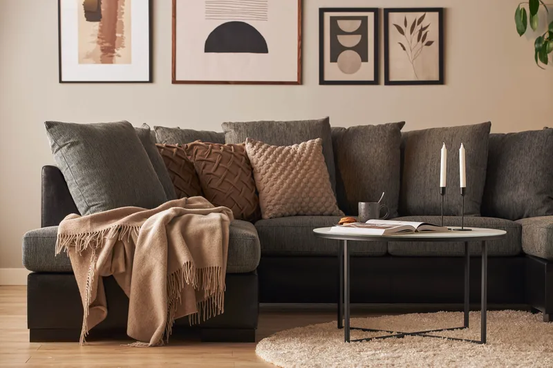 Ocean 4-sits Vänstervänd U-formad Soffa med Divan och Schäslong i Konstläder/Tyg - Grå / Svart - Möbler - Vardagsrum - Soffor - Skinnsoffor