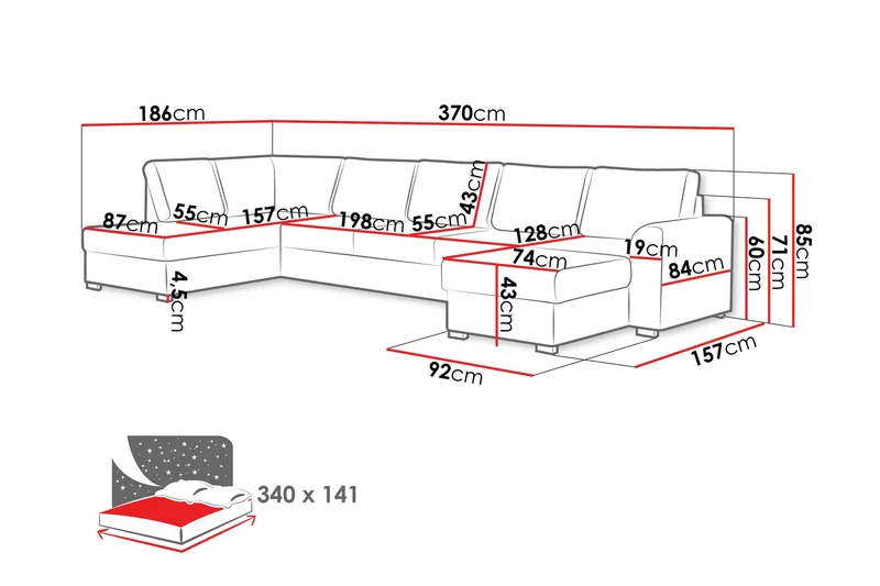 Taberk Soffa med Divan och Schäslong 5-sits - Grå - Möbler - Vardagsrum - Soffor - U-soffor