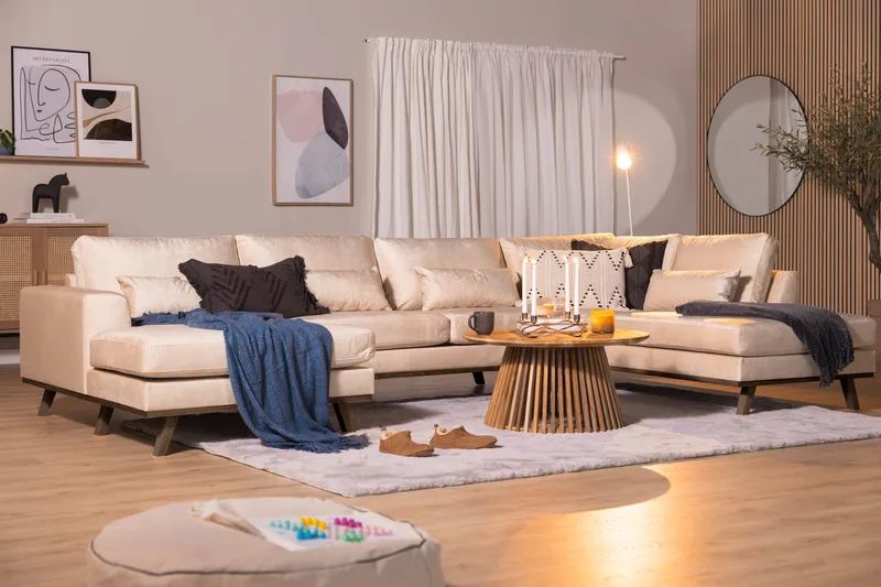 Copenhagen 5-sits Högervänd U-formad Soffa med Divan och Schäslong i Sammet - Beige - Möbler - Vardagsrum - Soffor - U-soffor