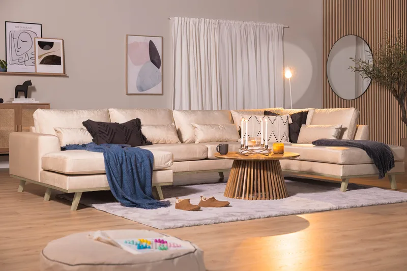 Copenhagen 5-sits Högervänd U-formad Soffa med Divan och Schäslong i Sammet - Beige - Möbler - Vardagsrum - Soffor - U-soffor