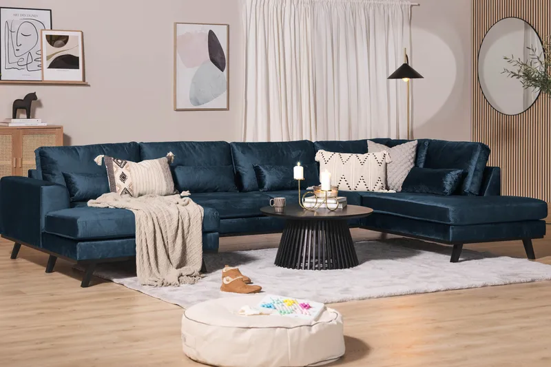 Copenhagen 5-sits Högervänd U-formad Soffa med Divan och Schäslong i Sammet - Blå - Möbler - Vardagsrum - Soffor - U-soffor