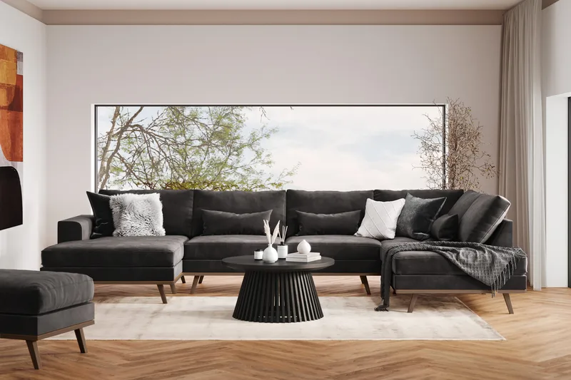 Copenhagen 5-sits Högervänd U-formad Soffa med Divan och Schäslong i Sammet - Mörkgrå - Möbler - Vardagsrum - Soffor - U-soffor