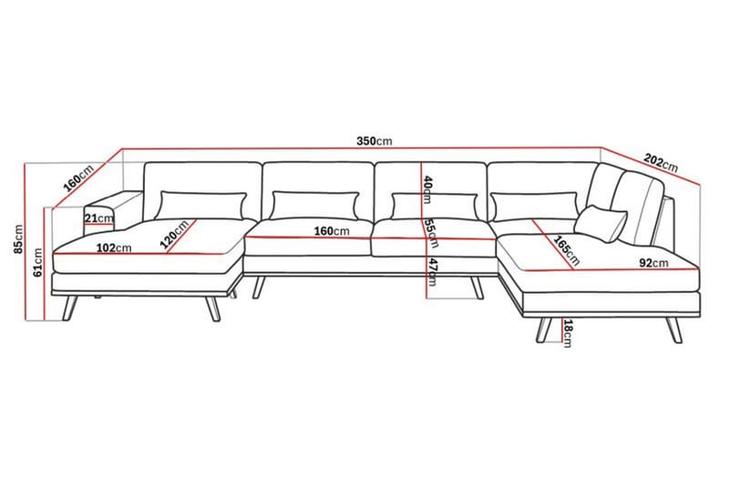 Copenhagen 5-sits Högervänd U-formad Soffa med Divan och Schäslong i Tyg - Grå - Möbler - Vardagsrum - Soffor - U-soffor