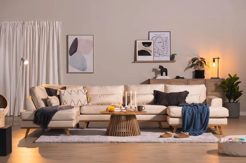 Copenhagen 5-sits Vänstervänd U-formad Soffa med Divan och Schäslong i Sammet - Beige - Möbler - Vardagsrum - Soffor - U-soffor
