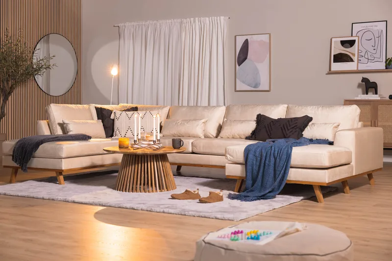 Copenhagen 5-sits Vänstervänd U-formad Soffa med Divan och Schäslong i Sammet - Beige - Möbler - Vardagsrum - Soffor - U-soffor