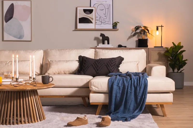 Copenhagen 5-sits Vänstervänd U-formad Soffa med Divan och Schäslong i Sammet - Beige - Möbler - Vardagsrum - Soffor - U-soffor