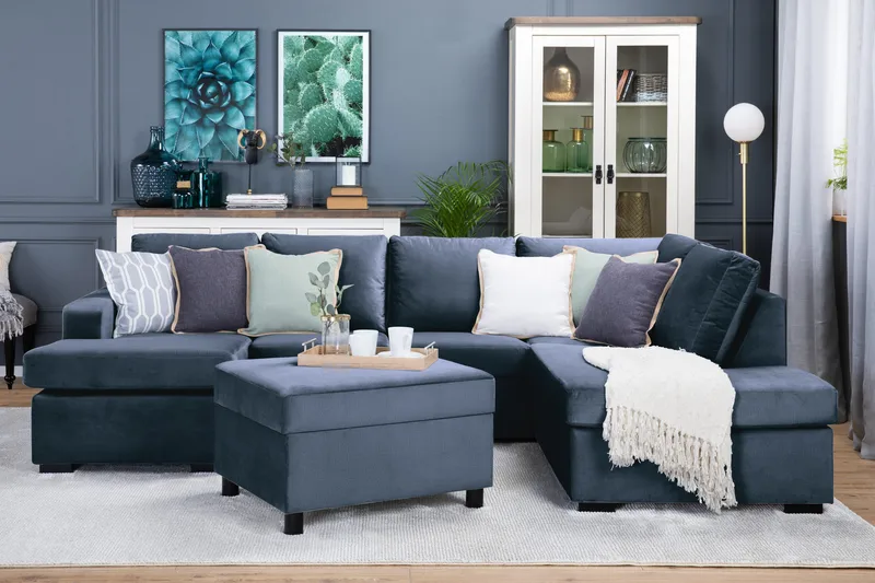 Crazy 4-sits Högervänd U-formad Large Soffa med Divan och Schäslong i Sammet - Blå - Möbler - Vardagsrum - Soffor - Sammetssoffor