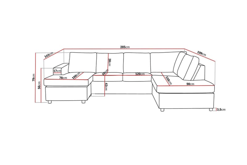 Crazy 4-sits Högervänd U-formad Large Soffa med Divan och Schäslong i Tyg - Antracit - Möbler - Vardagsrum - Soffor - U-soffor