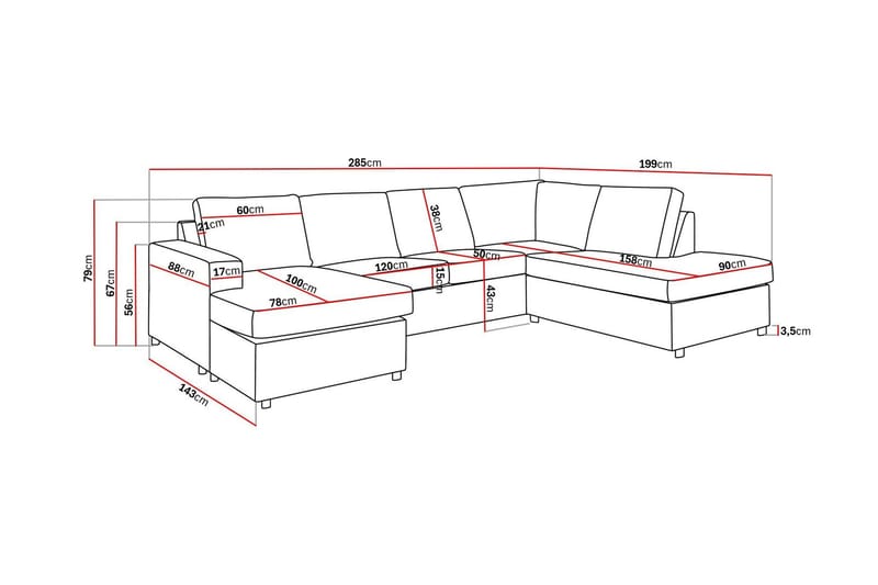Crazy 4-sits Högervänd U-formad Large Soffa med Divan och Schäslong i Tyg - Antracit - Möbler - Vardagsrum - Soffor - U-soffor