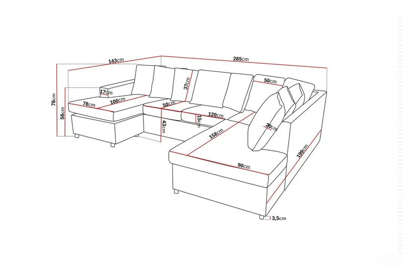 Crazy 4-sits Högervänd U-formad Large Soffa med Divan och Schäslong i Tyg inkl Kuvertkuddar - Antracit - Möbler - Vardagsrum - Soffor - U-soffor