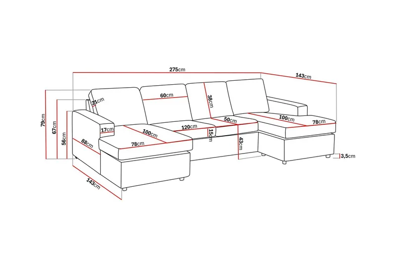 Crazy 4-sits U-formad Soffa med dubbeldivan i Tyg - Antracit - Möbler - Vardagsrum - Soffor - U-soffor