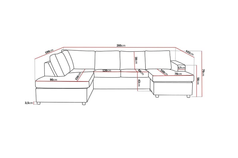Crazy 4-sits Vänstervänd U-formad Large Soffa med Divan och Schäslong i Tyg - Antracit - Möbler - Vardagsrum - Soffor - U-soffor