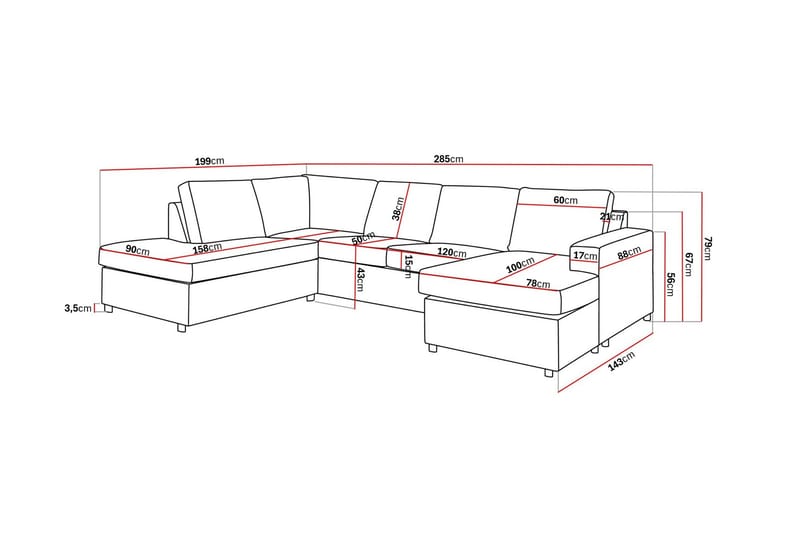 Crazy 4-sits Vänstervänd U-formad Large Soffa med Divan och Schäslong i Tyg - Antracit - Möbler - Vardagsrum - Soffor - U-soffor