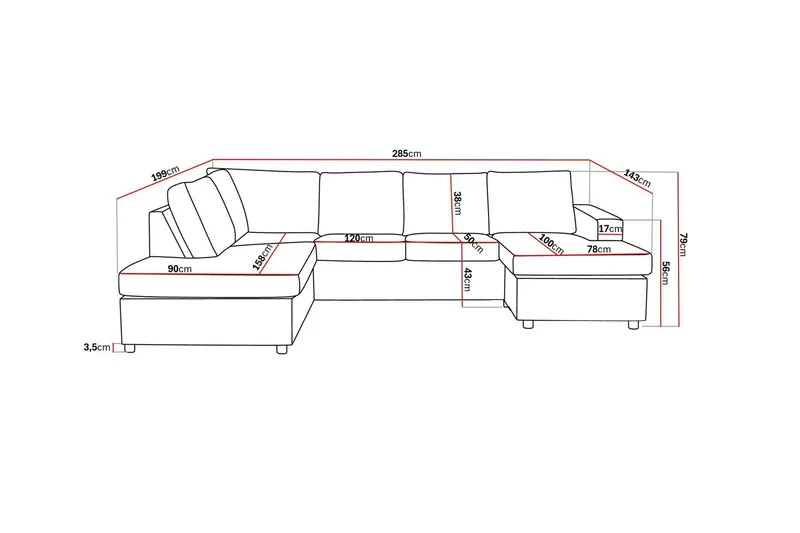 Crazy 4-sits Vänstervänd U-formad Large Soffa med Divan och Schäslong i Tyg - Antracit - Möbler - Vardagsrum - Soffor - U-soffor