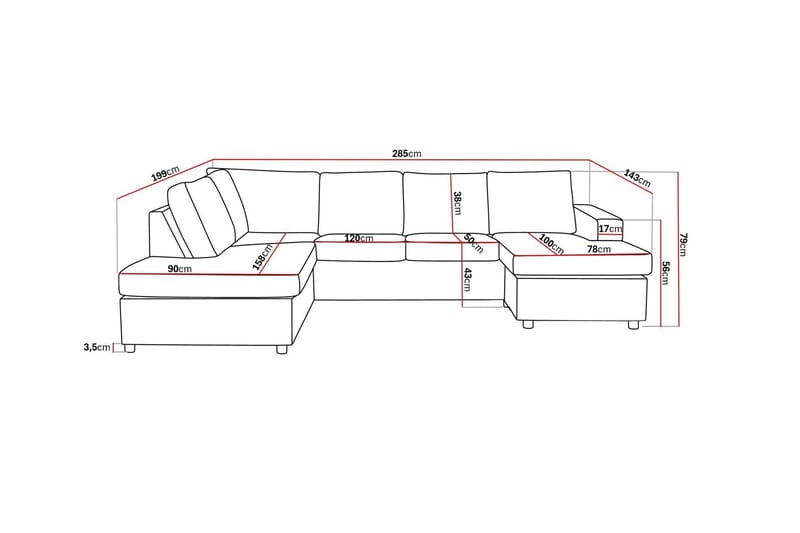 Crazy 4-sits Vänstervänd U-formad Large Soffa med Divan och Schäslong i Tyg - Antracit - Möbler - Vardagsrum - Soffor - U-soffor
