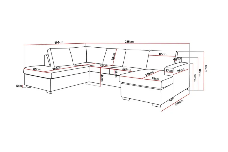 Crazy 4-sits Vänstervänd U-formad Large Soffa med Divan och Schäslong i Tyg - Grå - Möbler - Vardagsrum - Soffor - U-soffor