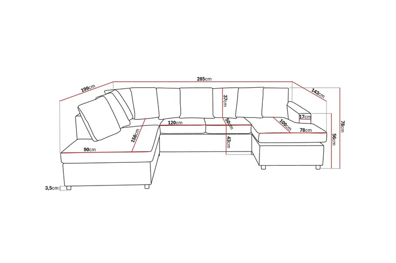 Crazy 4-sits Vänstervänd U-formad Large Soffa med Divan och Schäslong i Tyg inkl Kuvertkuddar - Antracit - Möbler - Vardagsrum - Soffor - U-soffor