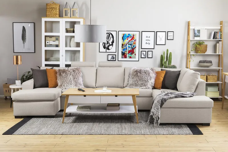 Crazy 5-sits Högervänd U-formad X-Large Soffa med Divan och Schäslong i Tyg - Beige - Möbler - Vardagsrum - Soffor - U-soffor