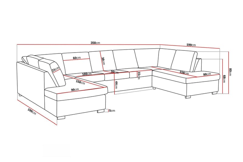 Crazy 5-sits U-formad Soffa med dubbelschäslong i Konstläder - Svart - Möbler - Vardagsrum - Soffor - U-soffor