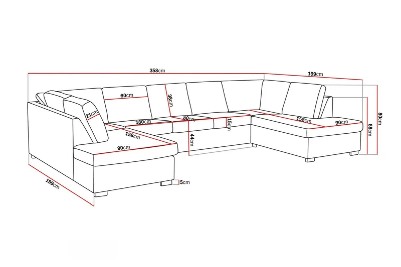 Crazy 5-sits U-formad Soffa med dubbelschäslong i Konstläder - Svart - Möbler - Vardagsrum - Soffor - Skinnsoffor