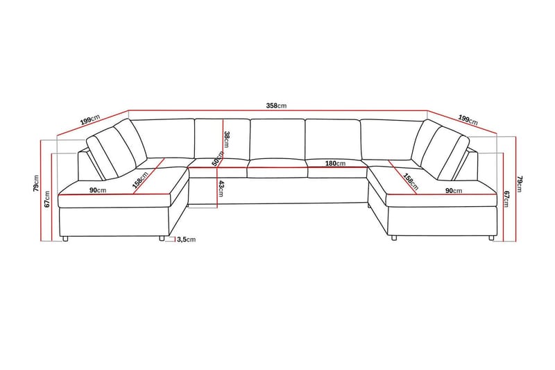 Crazy 5-sits U-formad Soffa med dubbelschäslong i Tyg - Antracit - Möbler - Vardagsrum - Soffor - U-soffor