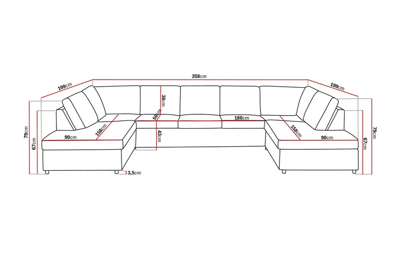Crazy 5-sits U-formad Soffa med dubbelschäslong i Tyg - Antracit - Möbler - Vardagsrum - Soffor - U-soffor