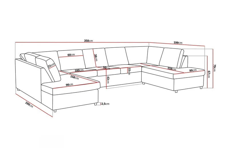 Crazy 5-sits U-formad Soffa med dubbelschäslong i Tyg - Antracit - Möbler - Vardagsrum - Soffor - U-soffor