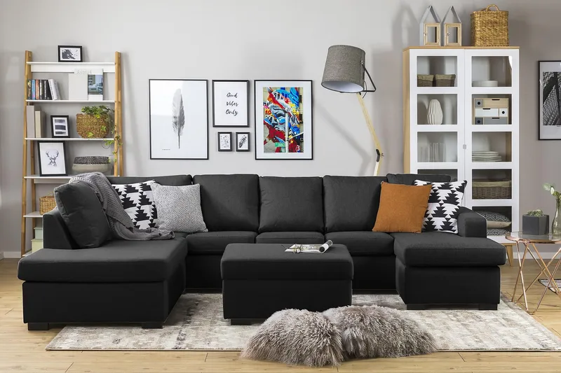 Crazy 5-sits Vänstervänd U-formad Soffa med Divan och Schäslong i Tyg - Antracit - Möbler - Vardagsrum - Soffor - U-soffor