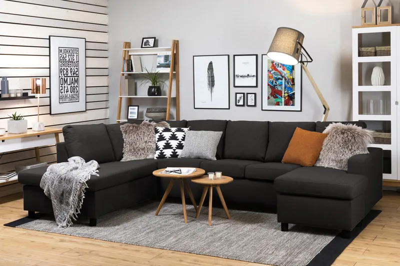 Crazy 5-sits Vänstervänd U-formad Soffa med Divan och Schäslong i Tyg - Antracit - Möbler - Vardagsrum - Soffor - U-soffor