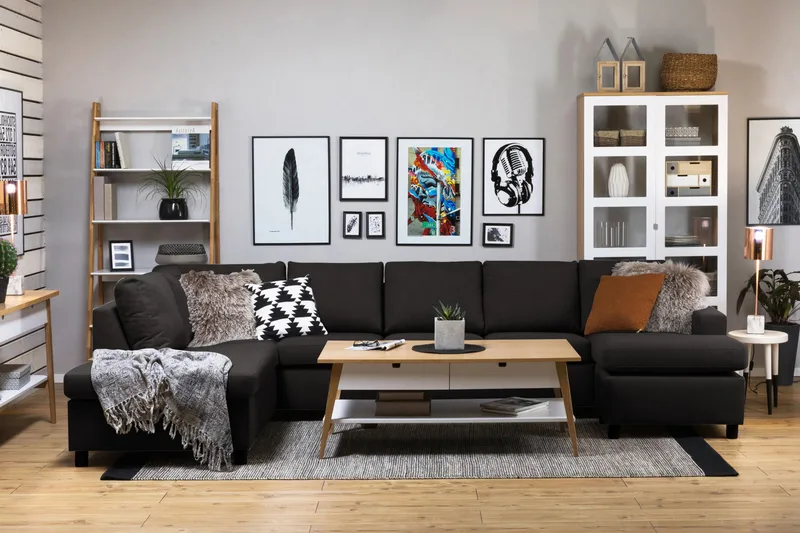 Crazy 5-sits Vänstervänd U-formad X-Large Soffa med Divan och Schäslong i Tyg - Antracit - Möbler - Vardagsrum - Soffor - U-soffor