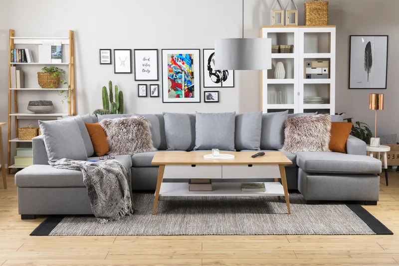 Crazy 5-sits Vänstervänd U-formad X-Large Soffa med Divan och Schäslong i Tyg inkl Kuvertkuddar - Grå - Möbler - Vardagsrum - Soffor - U-soffor