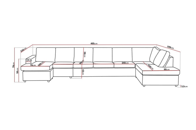 Crazy 6-sits Högervänd U-formad XX-Large Soffa med Divan och Schäslong i Tyg - Antracit - Möbler - Vardagsrum - Soffor - U-soffor