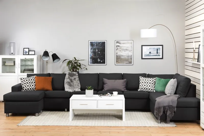 Crazy 6-sits Högervänd U-formad XX-Large Soffa med Divan och Schäslong i Tyg - Antracit - Möbler - Vardagsrum - Soffor - U-soffor