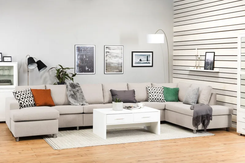 Crazy 6-sits Högervänd U-formad XX-Large Soffa med Divan och Schäslong i Tyg - Beige - Möbler - Vardagsrum - Soffor - U-soffor
