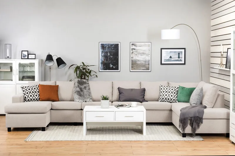 Crazy 6-sits Högervänd U-formad XX-Large Soffa med Divan och Schäslong i Tyg - Beige - Möbler - Vardagsrum - Soffor - U-soffor