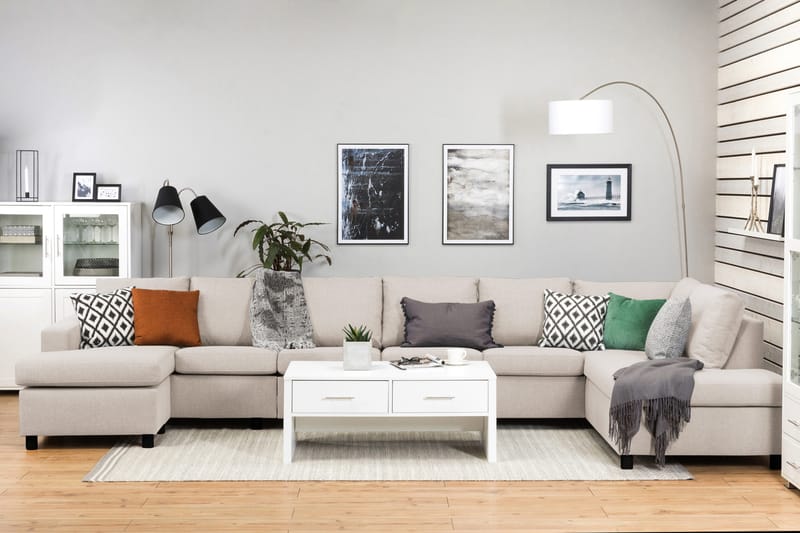 Crazy 6-sits Högervänd U-formad XX-Large Soffa med Divan och Schäslong i Tyg - Beige - Möbler - Vardagsrum - Soffor - U-soffor