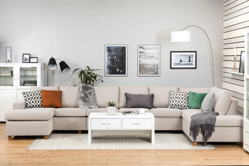 Crazy 6-sits Högervänd U-formad XX-Large Soffa med Divan och Schäslong i Tyg - Beige - Möbler - Vardagsrum - Soffor - U-soffor