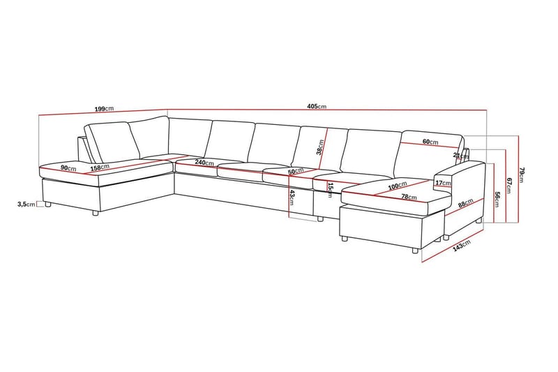 Crazy 6-sits Vänstervänd U-formad XX-Large Soffa med Divan och Schäslong i Tyg - Antracit - Möbler - Vardagsrum - Soffor - U-soffor