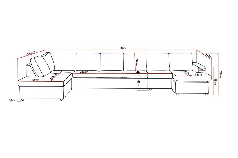 Crazy 6-sits Vänstervänd U-formad XX-Large Soffa med Divan och Schäslong i Tyg - Antracit - Möbler - Vardagsrum - Soffor - U-soffor