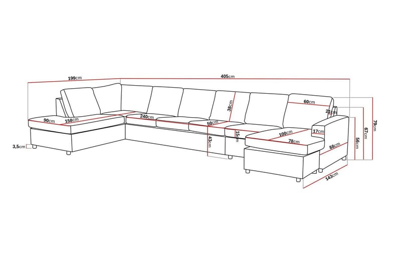 Crazy 6-sits Vänstervänd U-formad XX-Large Soffa med Divan och Schäslong i Tyg - Antracit - Möbler - Vardagsrum - Soffor - U-soffor