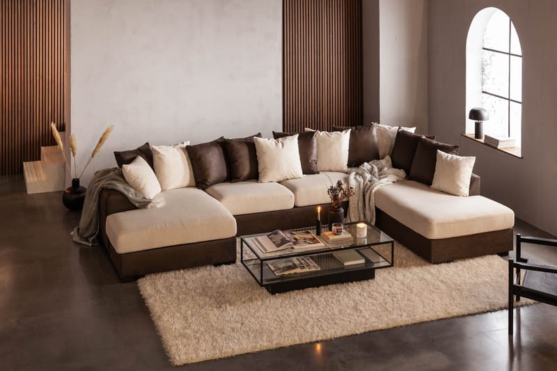 Cuba 5-sits Högervänd U-formad Soffa med Divan och Schäslong i Konstläder/Tyg inkl Kuvertkuddar - Brun / Beige - Möbler - Vardagsrum - Soffor - U-soffor