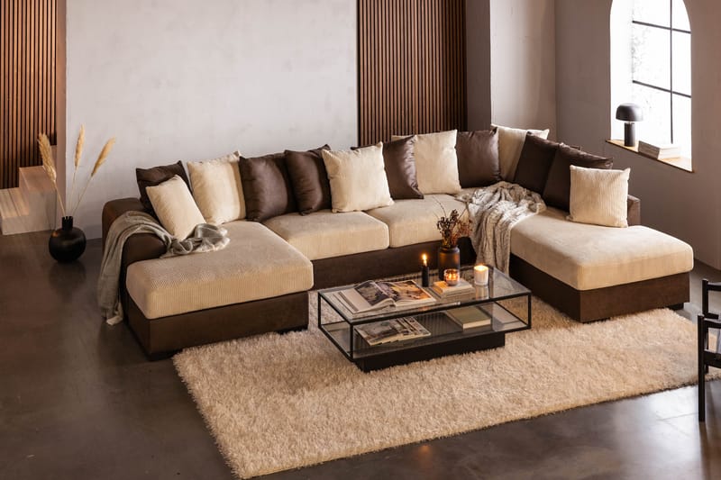 Cuba 5-sits Högervänd U-formad Soffa med Divan och Schäslong i Manchester/Konstläder inkl Kuvertkuddar - Brun / Beige - Möbler - Vardagsrum - Soffor - U-soffor