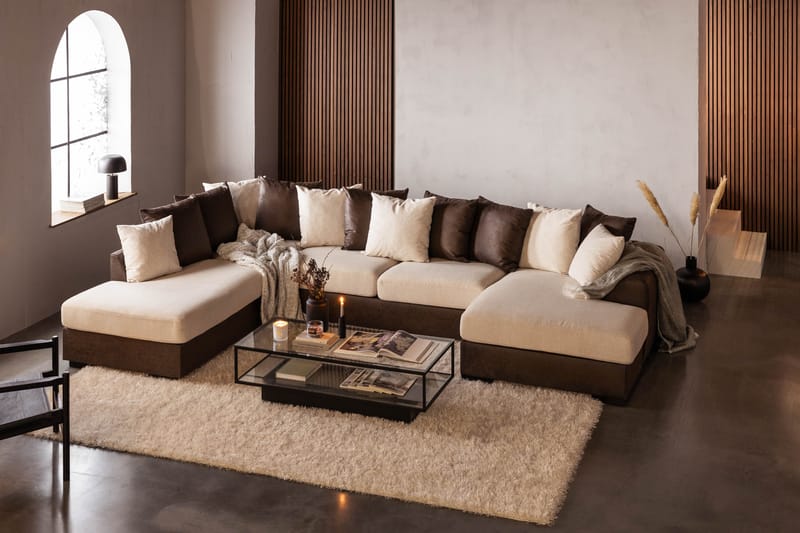Cuba 5-sits Vänstervänd U-formad Soffa med Divan och Schäslong i Konstläder/Tyg inkl Kuvertkuddar - Brun / Beige - Möbler - Vardagsrum - Soffor - U-soffor
