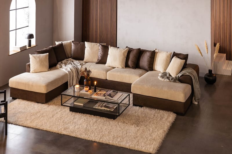 Cuba 5-sits Vänstervänd U-formad Soffa med Divan och Schäslong i Manchester/Konstläder inkl Kuvertkuddar - Brun / Beige - Möbler - Vardagsrum - Soffor - U-soffor
