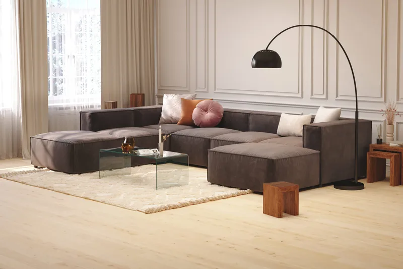 Cubo 5-sits U-formad Djup Modulsoffa Med Divan och Schäslong i Sammet - Mörkgrå - Möbler - Vardagsrum - Soffor - Sammetssoffor