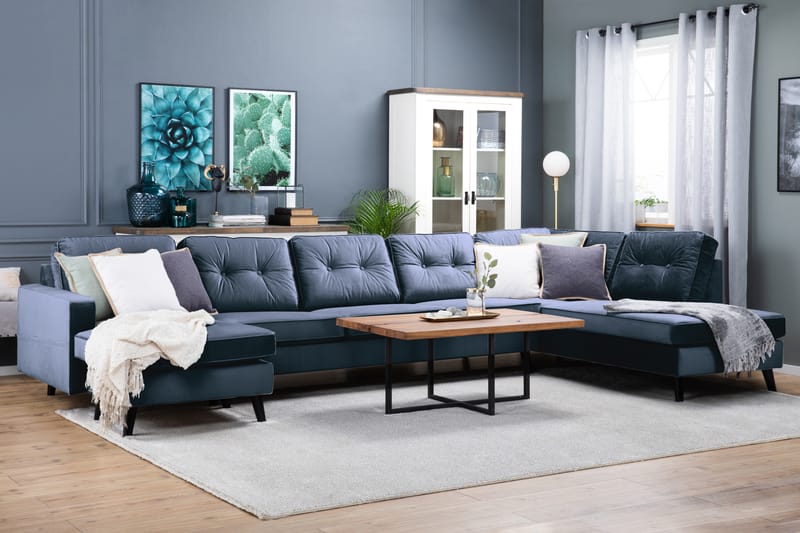 Monroe 4-sits Högervänd U-formad Soffa med Divan och Schäslong i Sammet - Blå - Möbler - Vardagsrum - Soffor - U-soffor