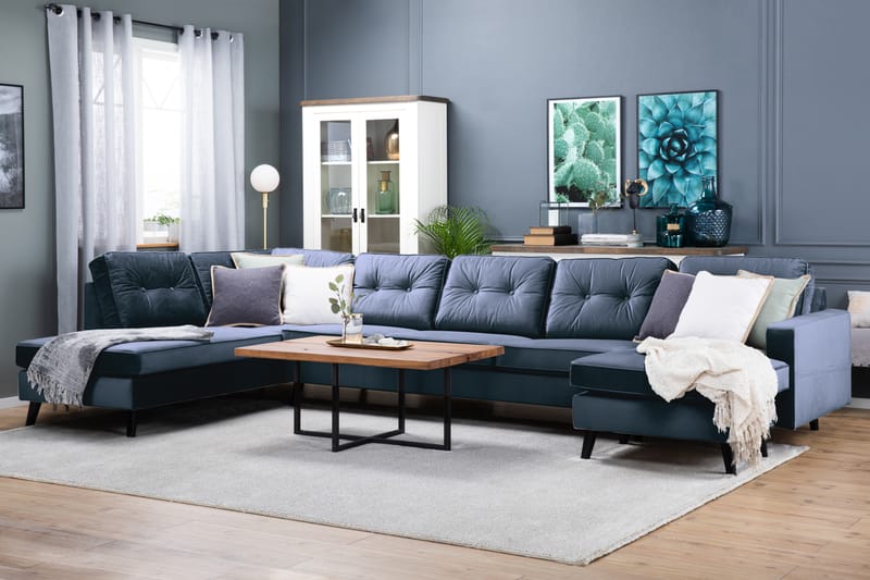 Monroe 4-sits Vänstervänd U-formad Soffa med Divan och Schäslong i Sammet - Blå - Möbler - Vardagsrum - Soffor - U-soffor